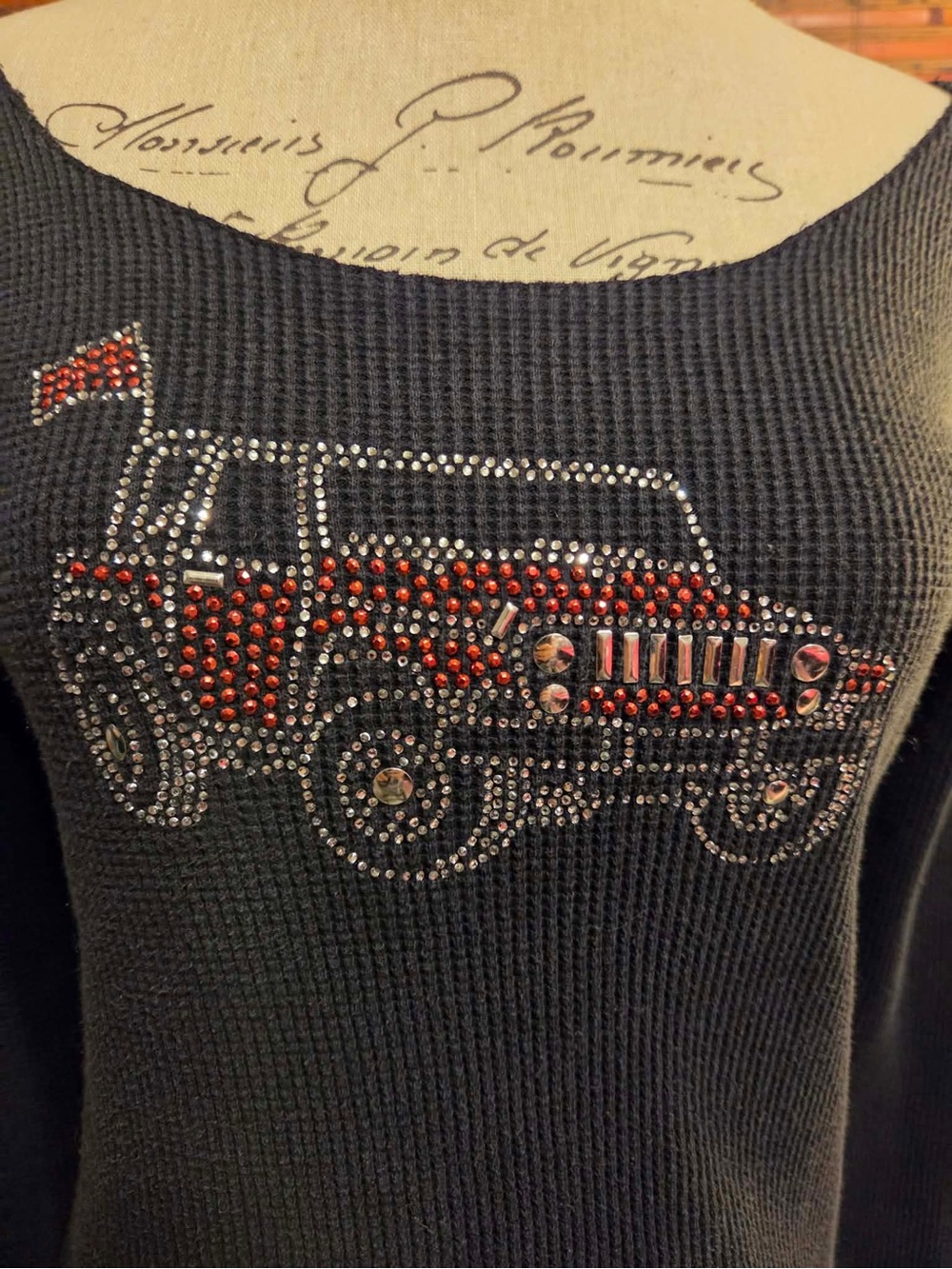 Ride-On Black Knit Top with Red & Silver Rhinestone Jeep Motif - Picture 5 of 5